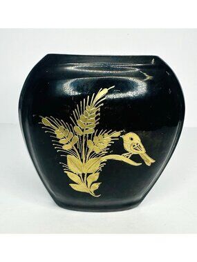Indian Brass Overlay Flat Bud Vase Black Gold Etched Bird Floral 5.5" Vintage